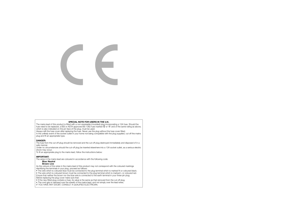 Sharp LC-46XD1E, LC-52XD1E operation manual Special Note for Users in the U.K, Blue Neutral Brown Live 