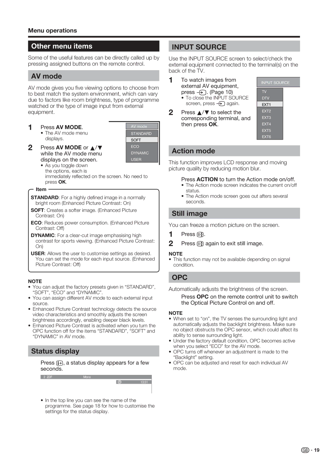 Sharp LC-52XD1E, LC-46XD1E operation manual Other menu items, AV mode, Status display, Action mode, Still image 