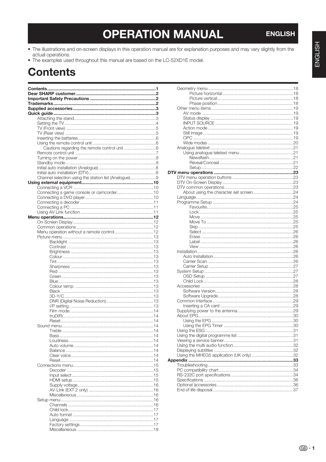 Sharp LC-52XD1E, LC-46XD1E operation manual Contents 