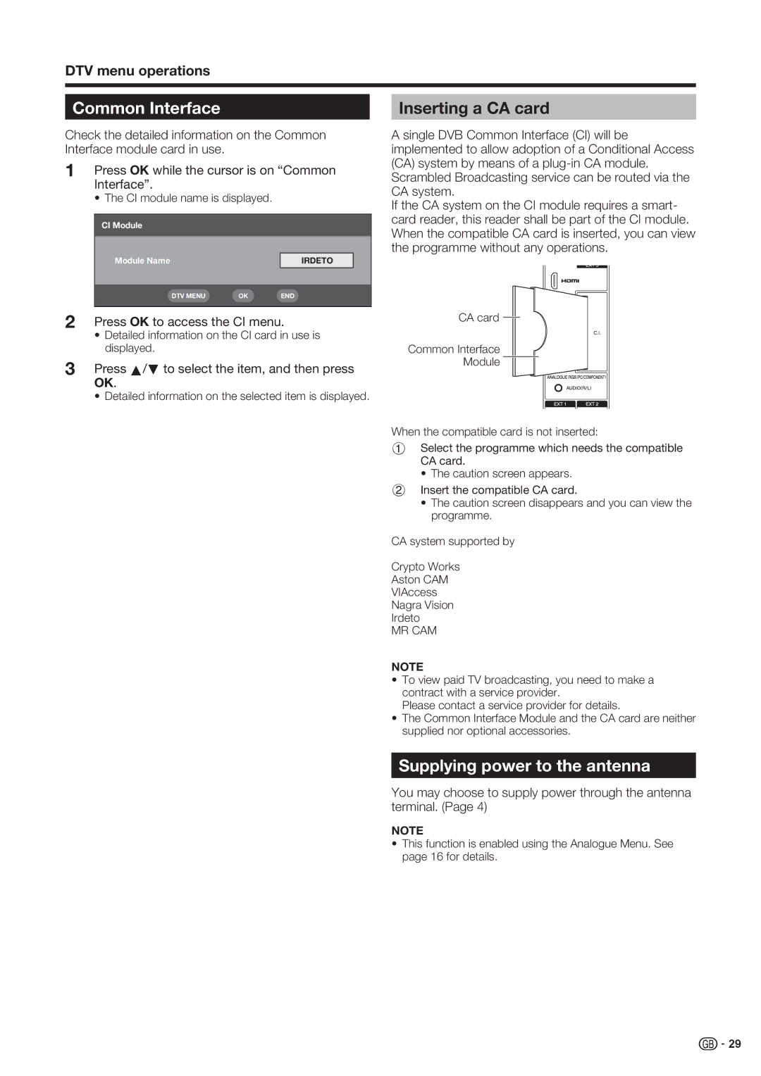 Sharp LC-52XD1E Common Interface, Inserting a CA card, Supplying power to the antenna, Press OK to access the CI menu 