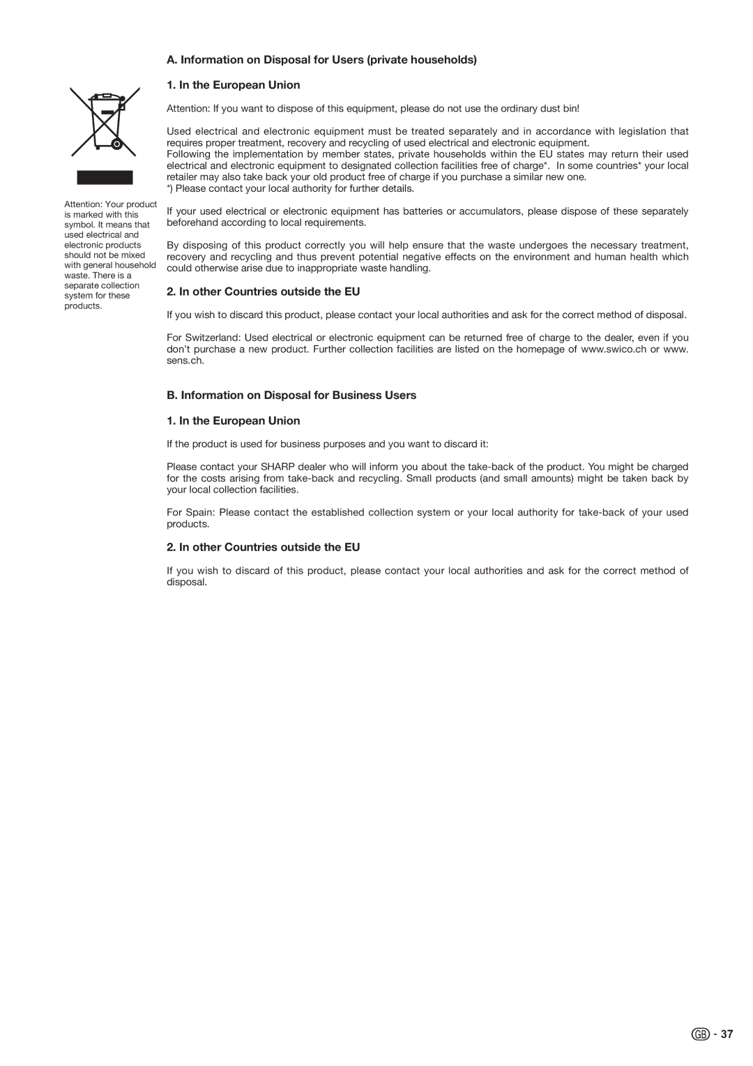 Sharp LC-52XD1E, LC-46XD1E Other Countries outside the EU, Information on Disposal for Business Users European Union 