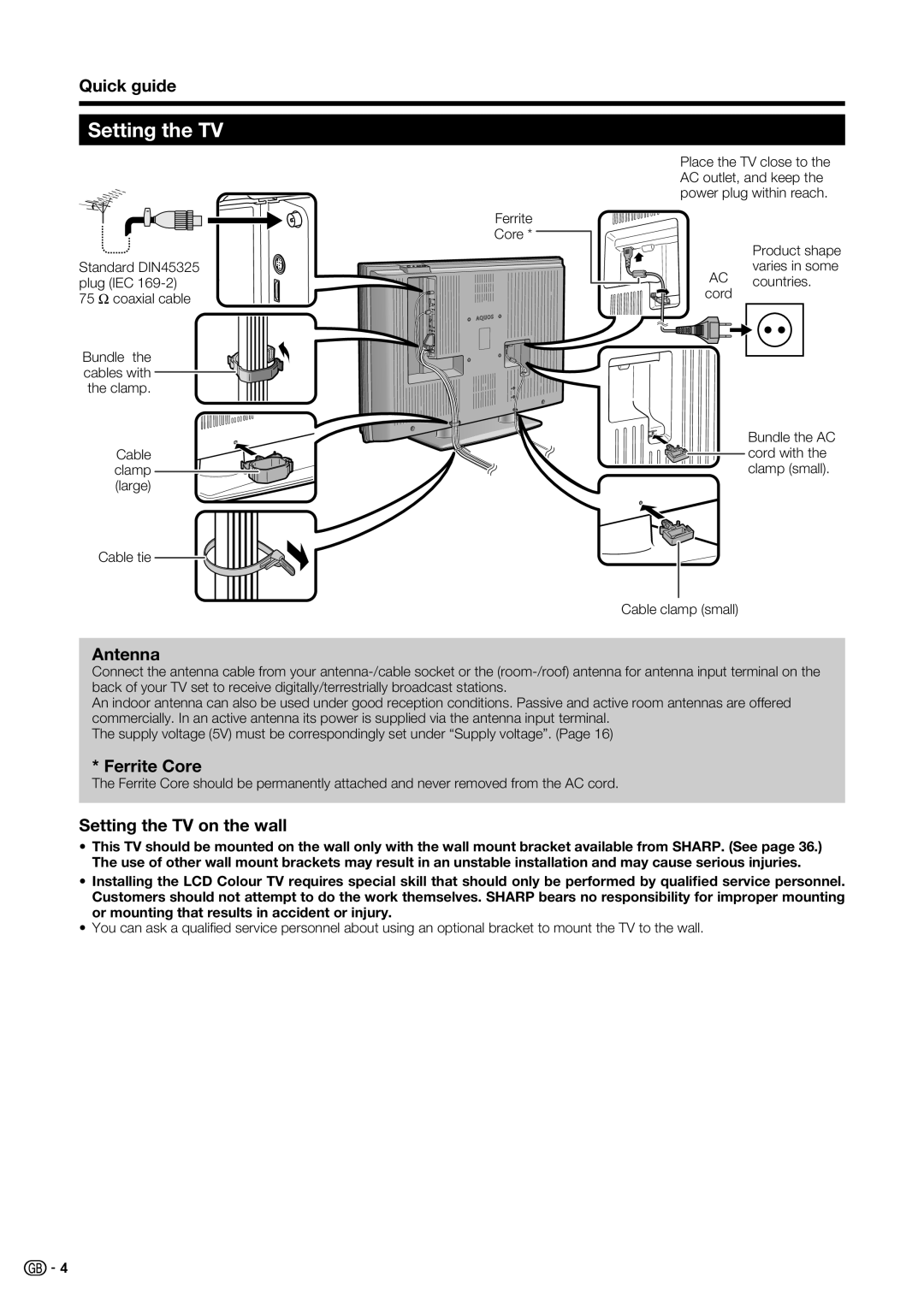 Sharp LC-46XD1E, LC-52XD1E operation manual Quick guide, Antenna, Ferrite Core, Setting the TV on the wall 