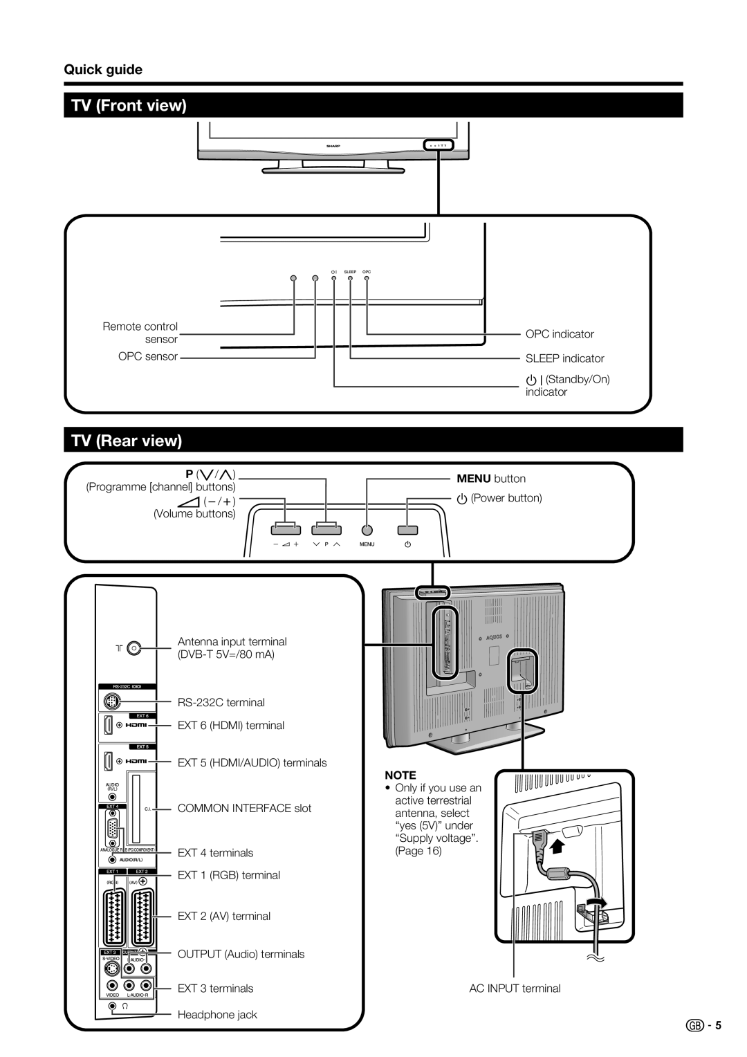 Sharp LC-52XD1E, LC-46XD1E operation manual TV Front view, TV Rear view 