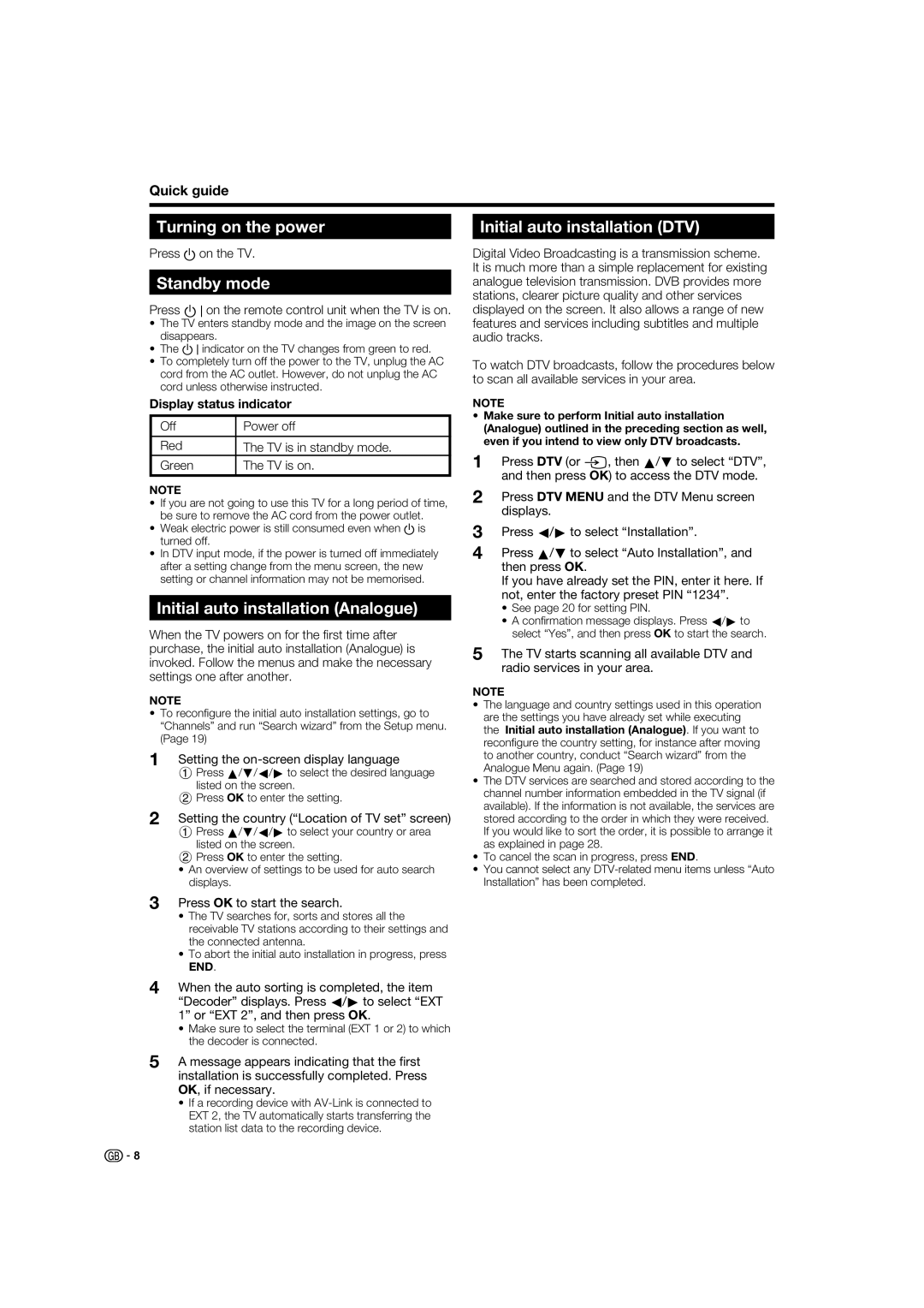 Sharp LC-52XL1E Turning on the power, Standby mode, Initial auto installation Analogue, Initial auto installation DTV 