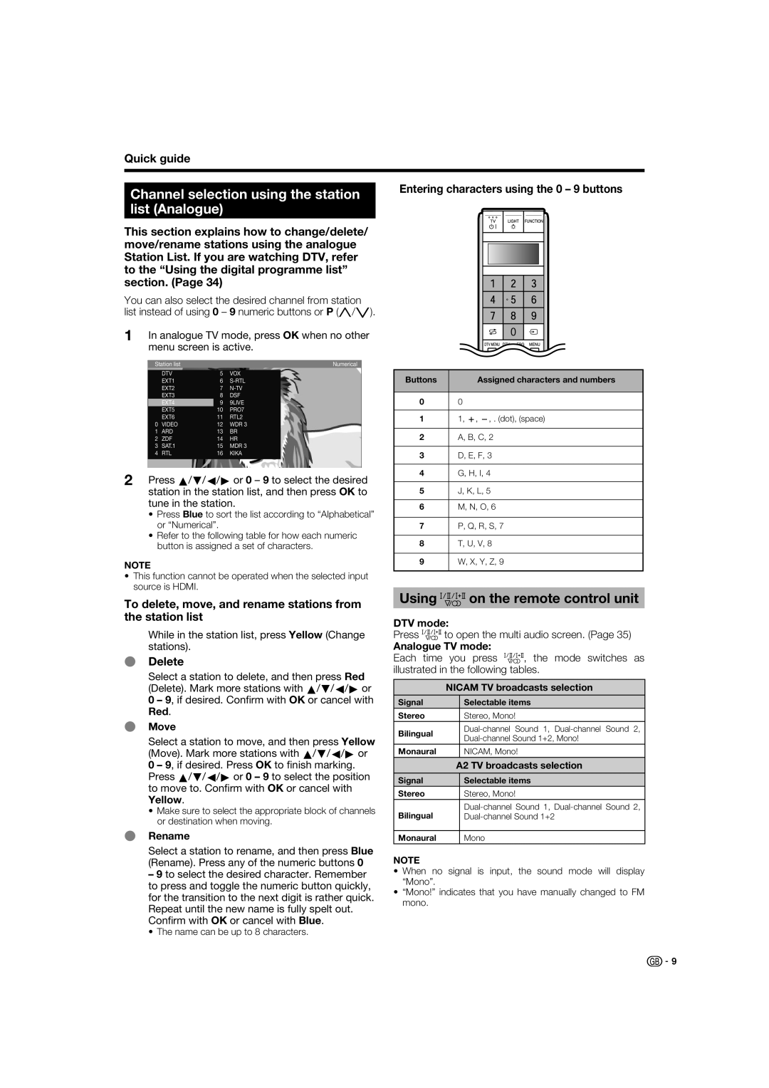 Sharp LC-52XL1S, LC-46XL1E Channel selection using the station list Analogue, Using 7on the remote control unit, Delete 