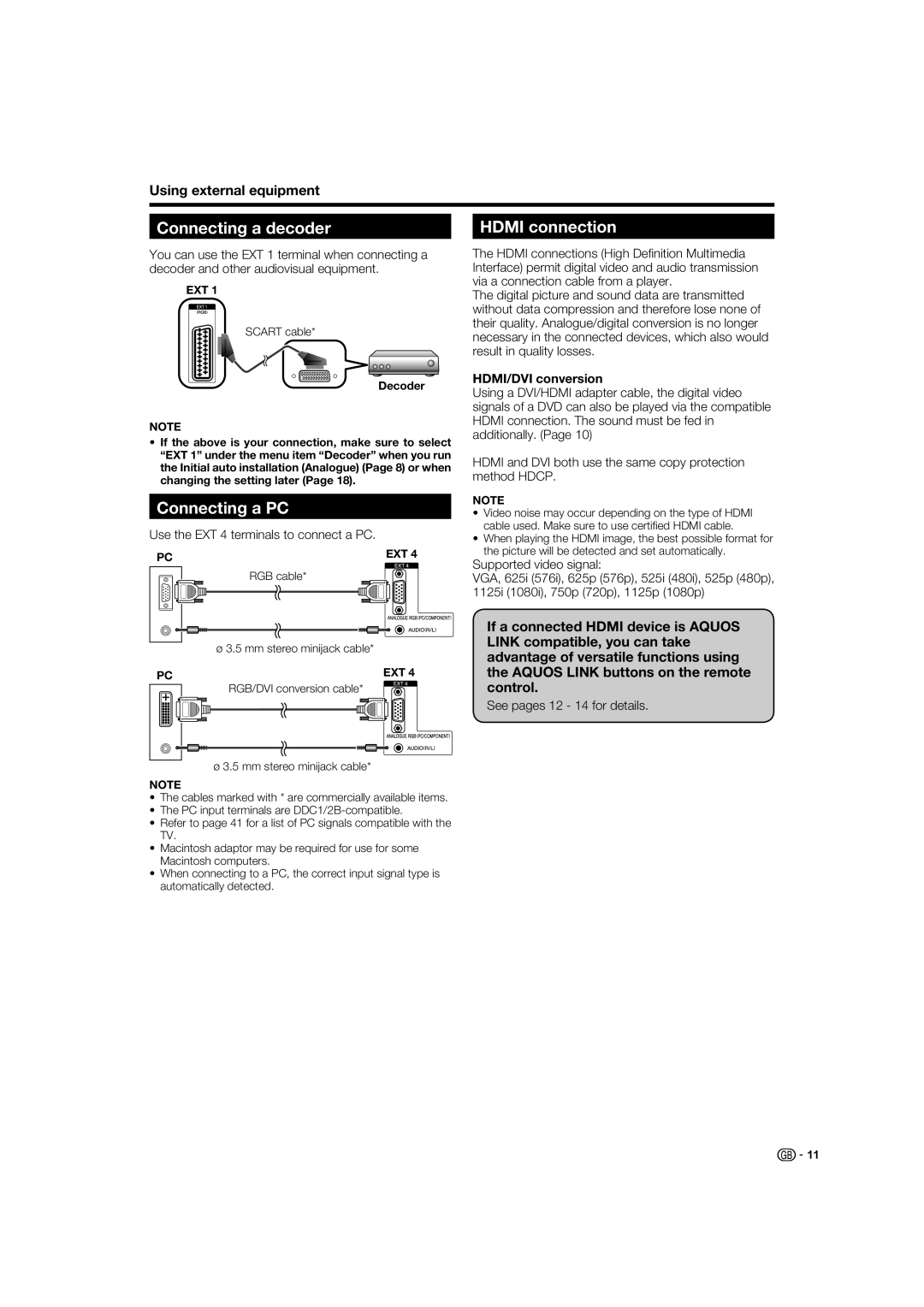 Sharp LC-46XL1S Connecting a decoder, Connecting a PC, Hdmi connection, Using external equipment, HDMI/DVI conversion 