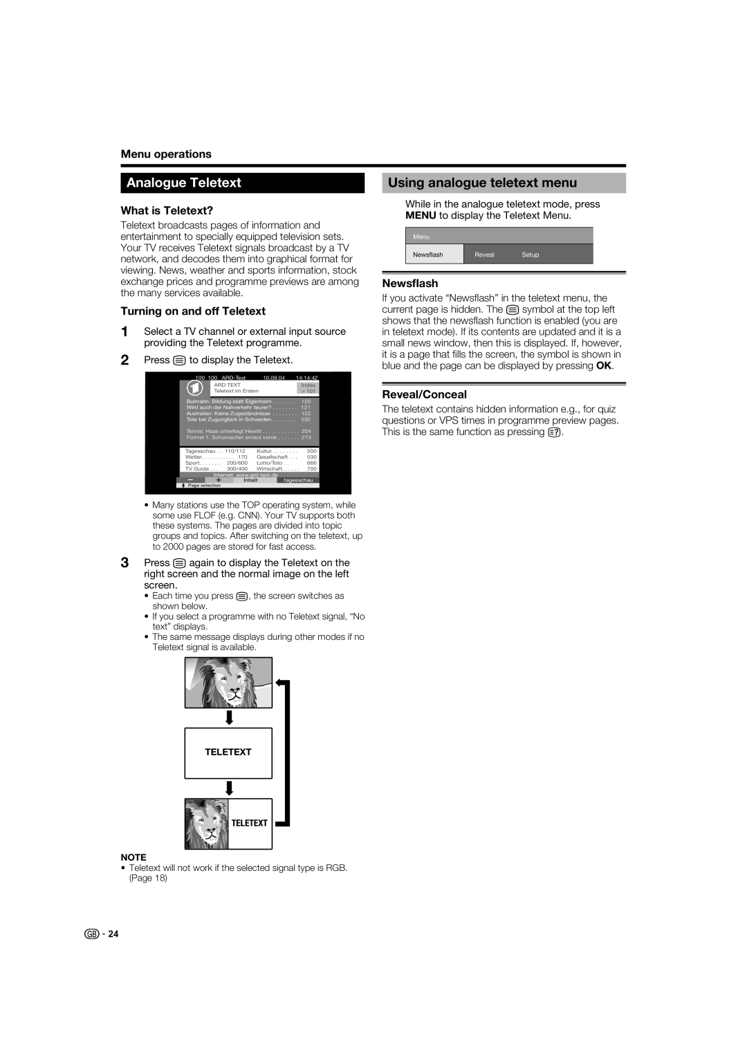 Sharp LC-52XL1E, LC-46XL1E, LC-46XL1S, LC-52XL1S operation manual Analogue Teletext, Using analogue teletext menu 