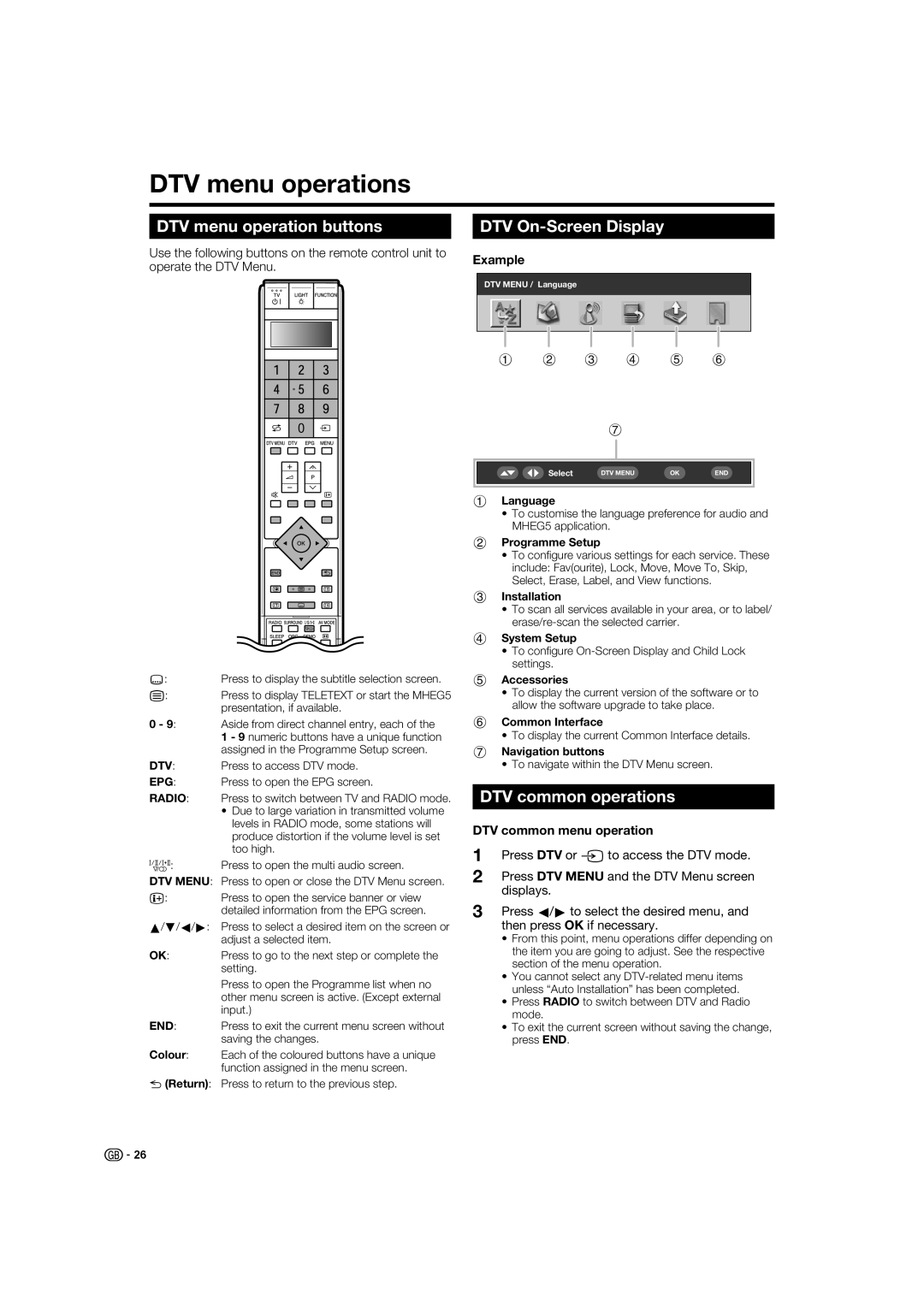 Sharp LC-46XL1E, LC-46XL1S DTV menu operations, DTV menu operation buttons, DTV On-Screen Display, DTV common operations 