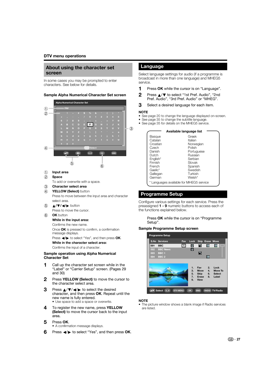 Sharp LC-46XL1S, LC-46XL1E, LC-52XL1E About using the character set screen, Language, Programme Setup, DTV menu operations 