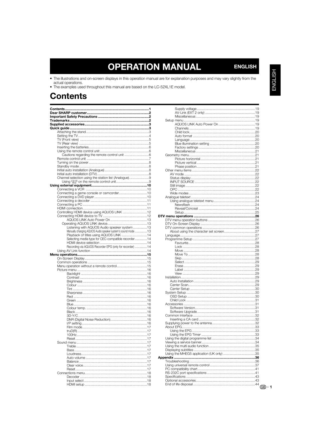 Sharp LC-52XL1S, LC-46XL1E, LC-46XL1S, LC-52XL1E operation manual Contents 