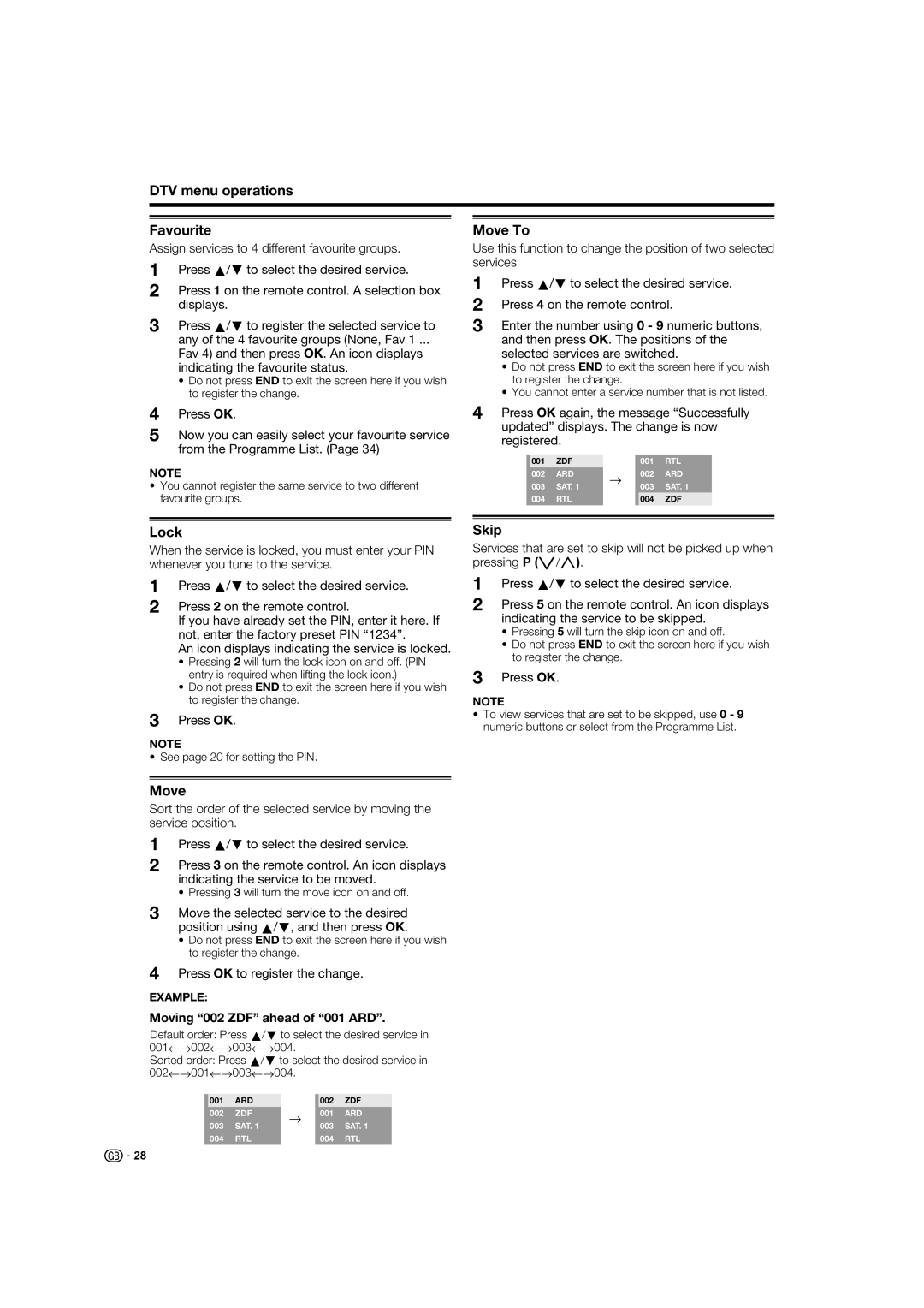 Sharp LC-52XL1E, LC-46XL1E, LC-46XL1S, LC-52XL1S operation manual DTV menu operations Favourite, Move To, Lock, Skip 