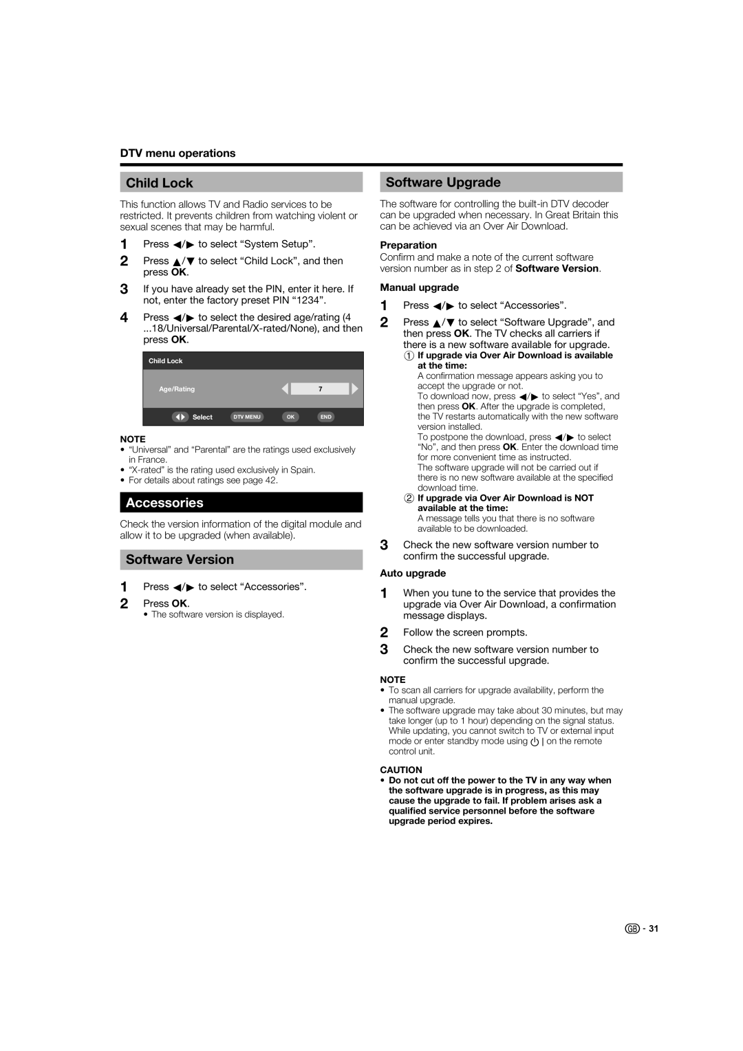 Sharp LC-46XL1S, LC-46XL1E, LC-52XL1E, LC-52XL1S operation manual Child Lock Software Upgrade, Accessories, Software Version 