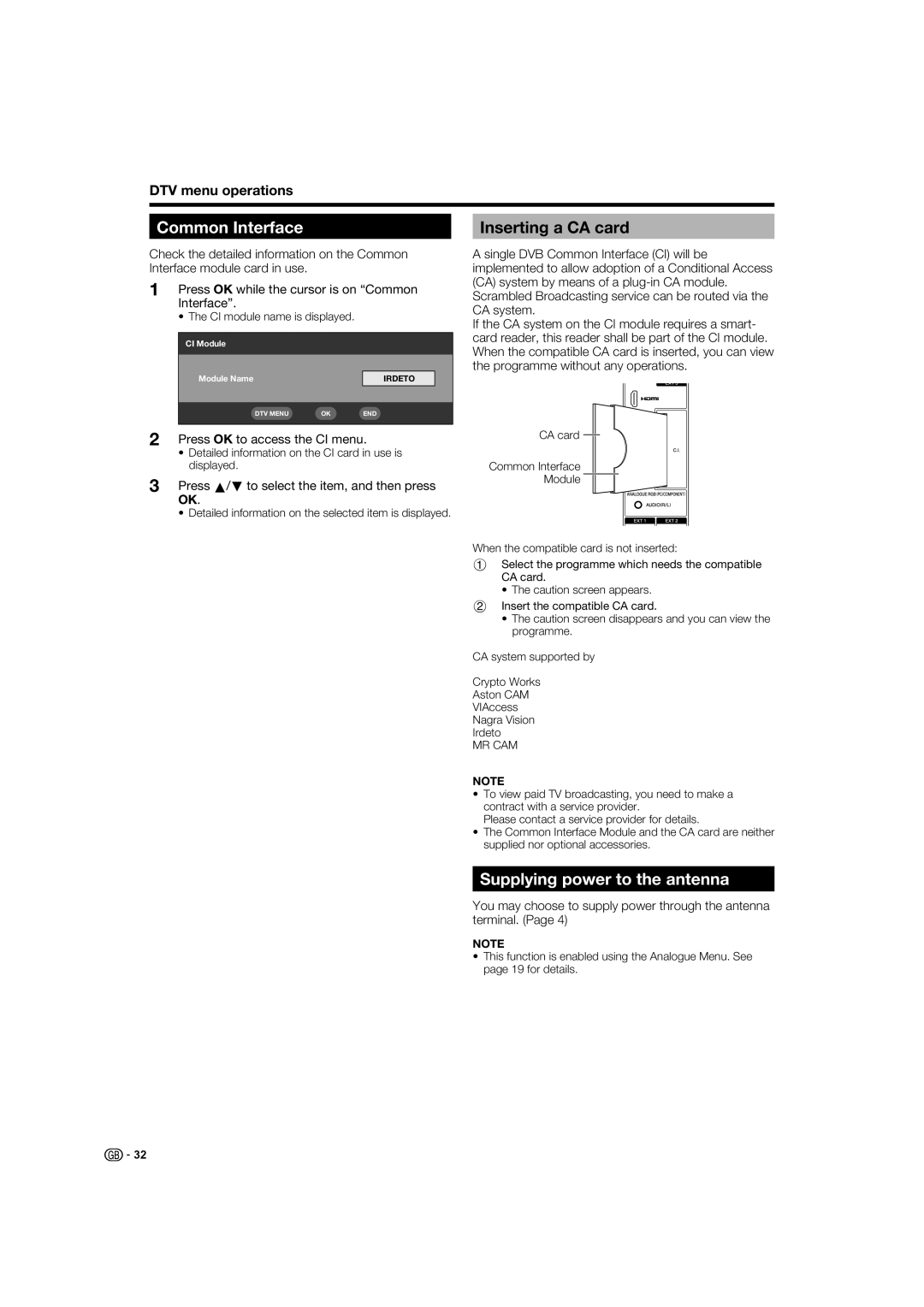 Sharp LC-52XL1E Common Interface, Inserting a CA card, Supplying power to the antenna, Press OK to access the CI menu 