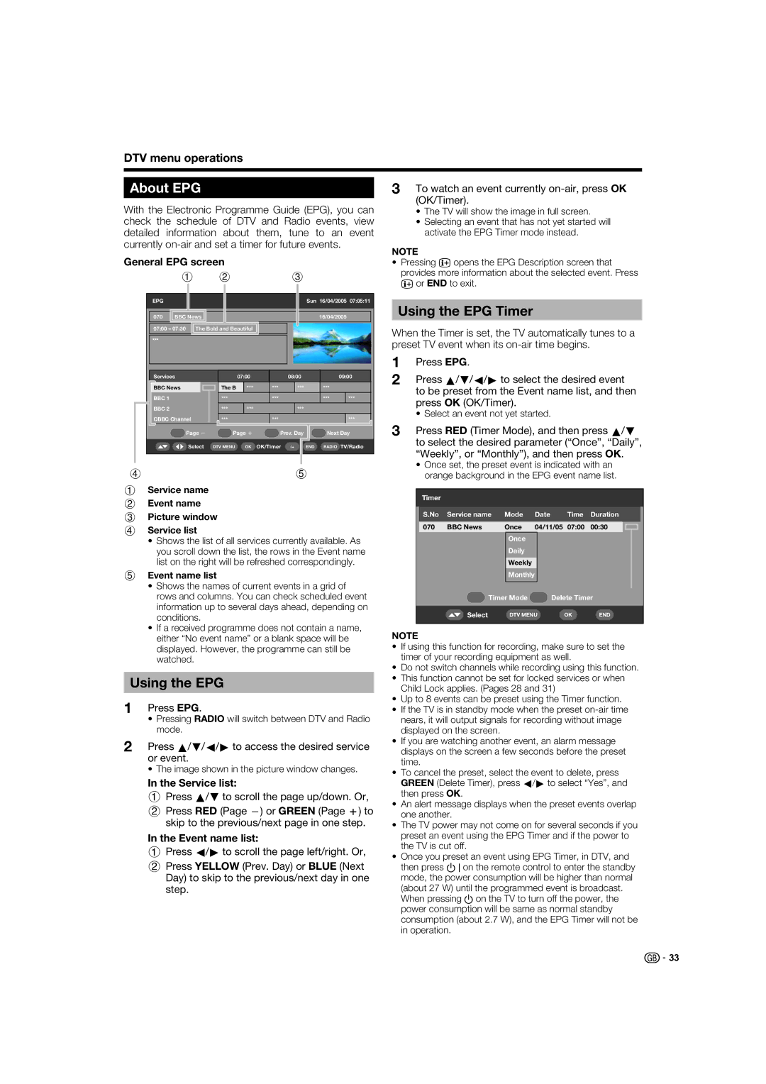 Sharp LC-52XL1S, LC-46XL1E, LC-46XL1S, LC-52XL1E operation manual About EPG, Using the EPG Timer 