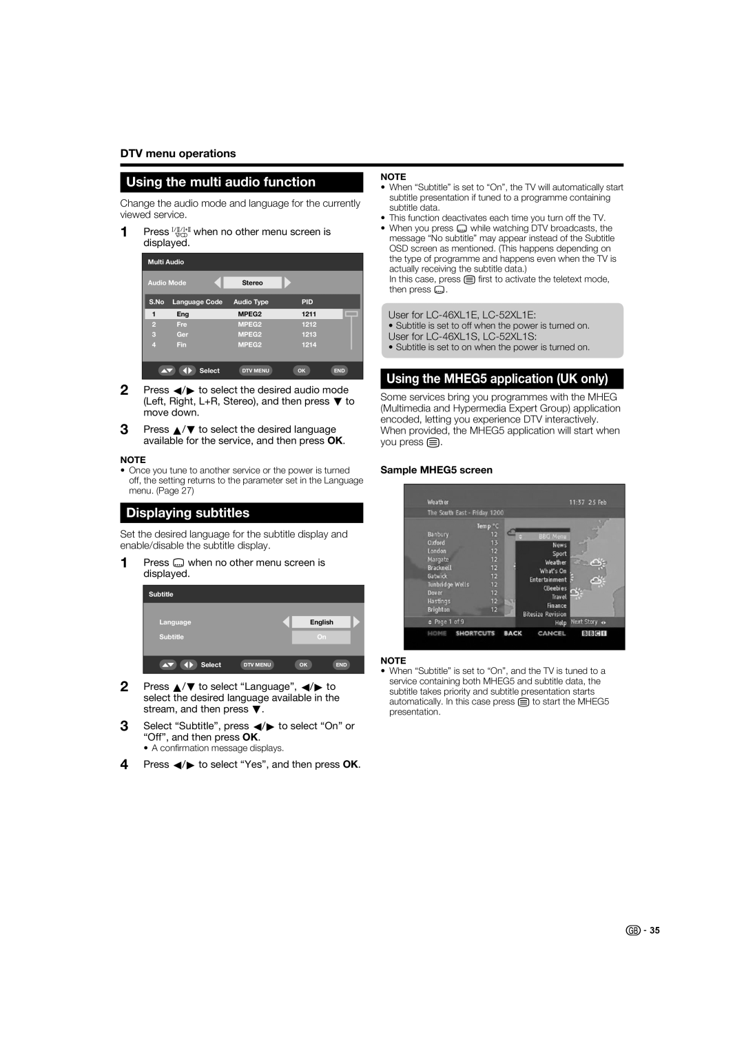 Sharp LC-46XL1S, LC-46XL1E Using the multi audio function, Displaying subtitles, Using the MHEG5 application UK only 