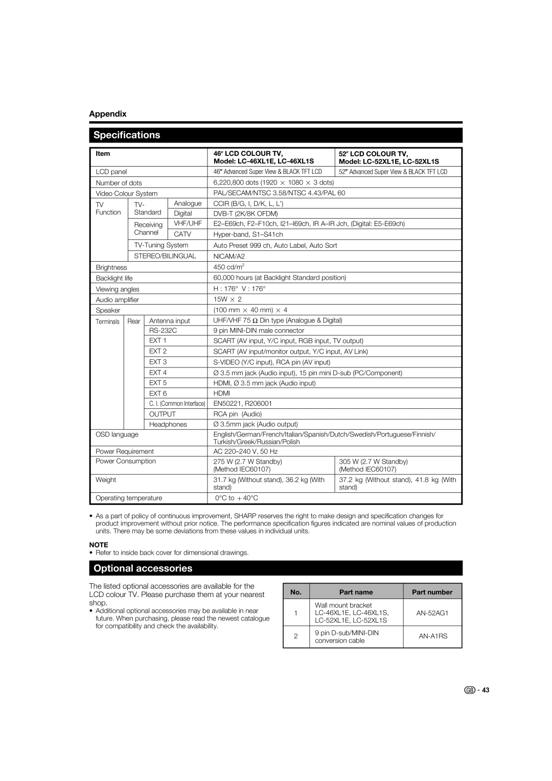 Sharp LC-46XL1S, LC-46XL1E, LC-52XL1E, LC-52XL1S operation manual Speciﬁcations, Optional accessories, Part name Part number 