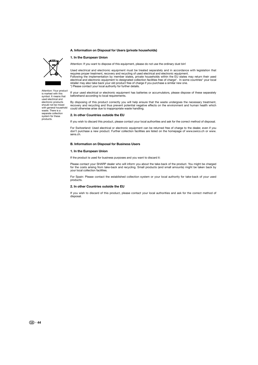 Sharp LC-52XL1E, LC-46XL1E Other Countries outside the EU, Information on Disposal for Business Users European Union 