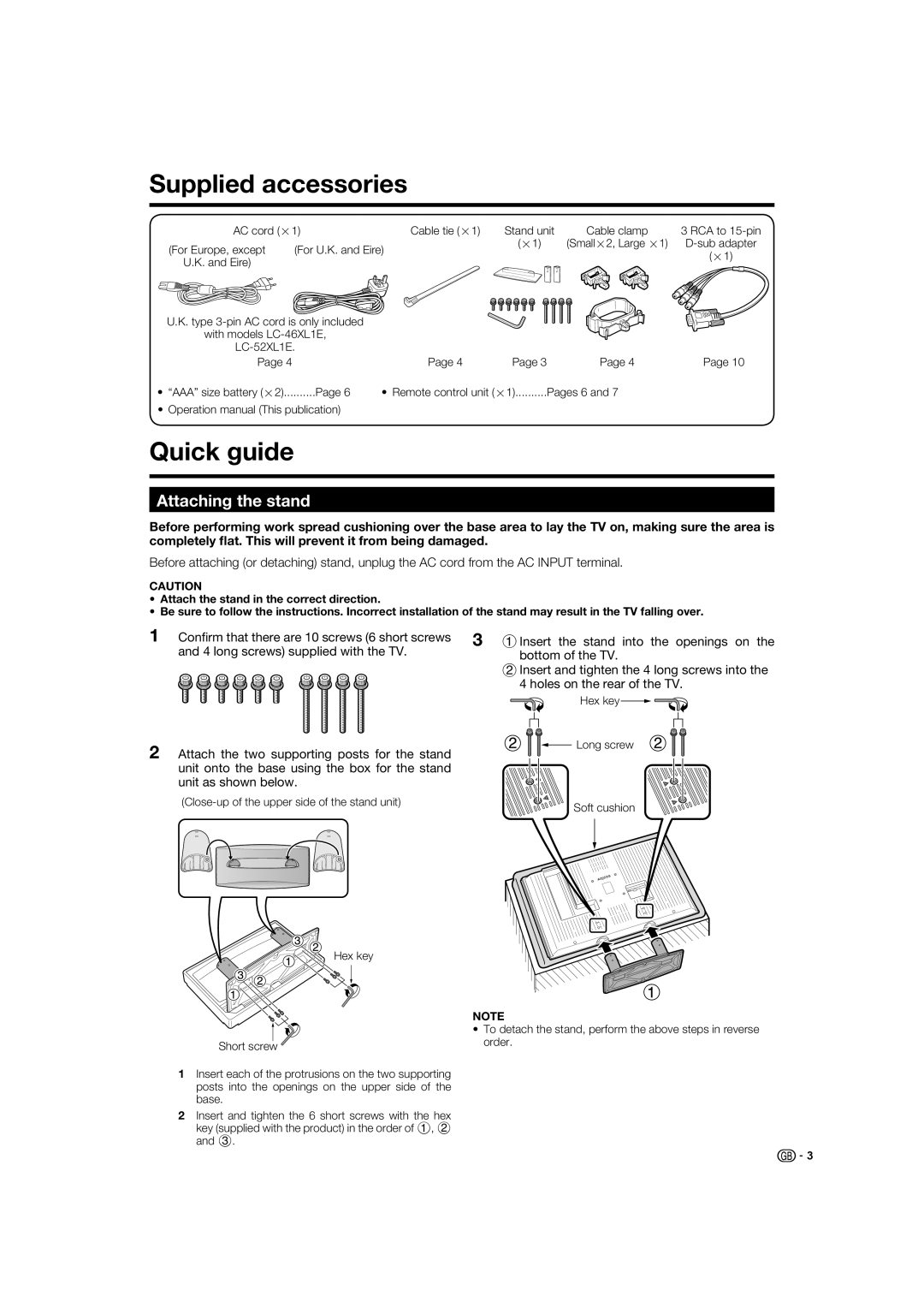 Sharp LC-46XL1S, LC-46XL1E, LC-52XL1E, LC-52XL1S operation manual Supplied accessories, Quick guide, Attaching the stand 