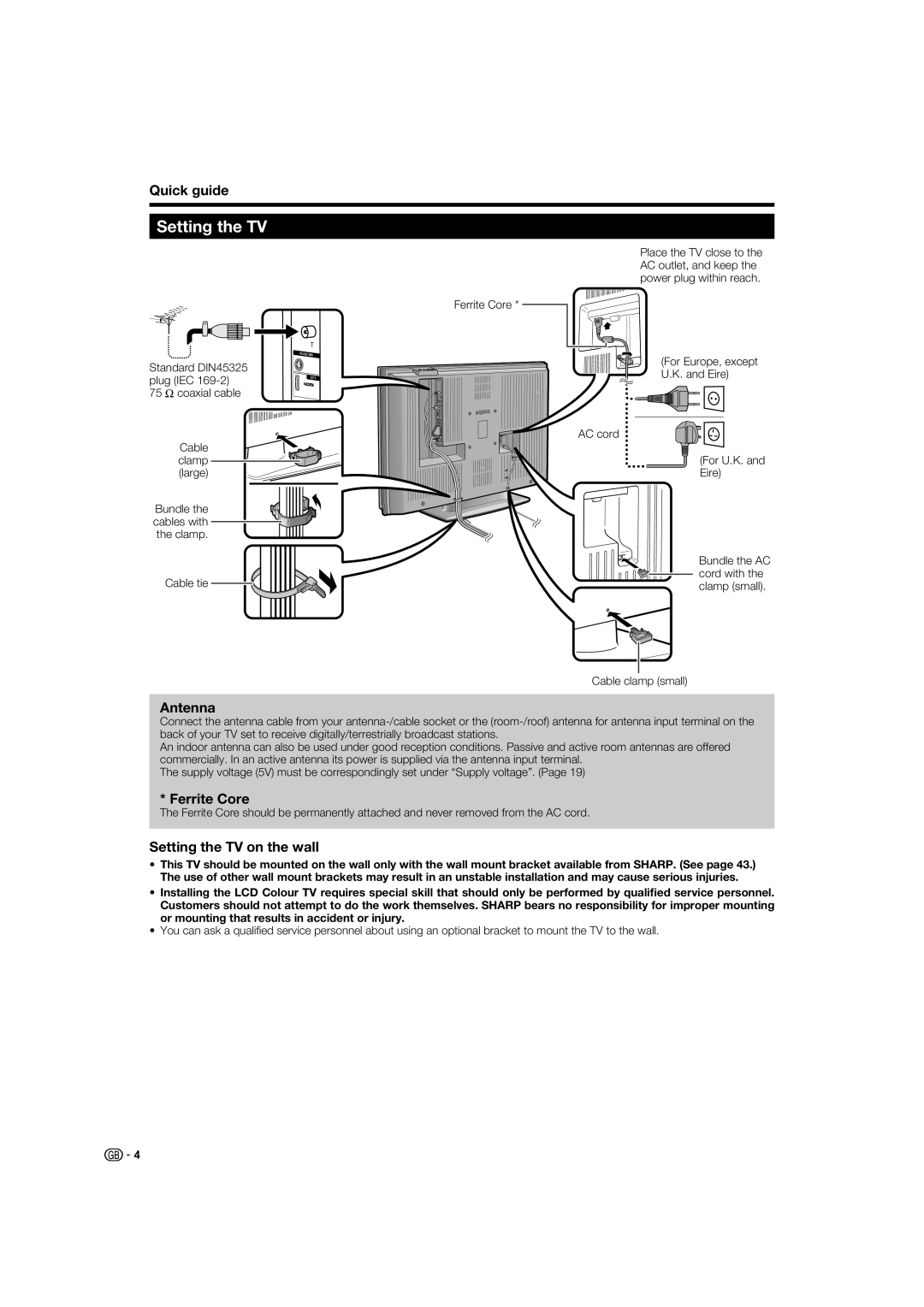 Sharp LC-52XL1E, LC-46XL1E, LC-46XL1S, LC-52XL1S Quick guide, Antenna, Ferrite Core, Setting the TV on the wall 