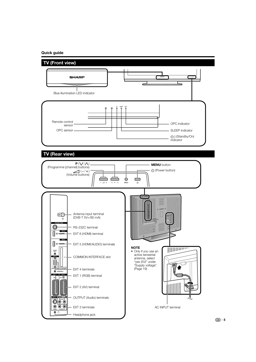 Sharp LC-52XL1S, LC-46XL1E, LC-46XL1S, LC-52XL1E operation manual TV Front view, TV Rear view 