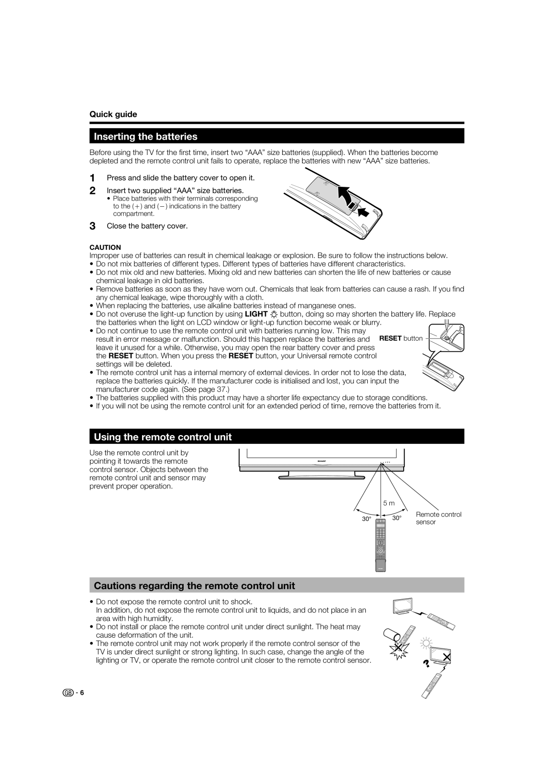 Sharp LC-46XL1E, LC-46XL1S, LC-52XL1E, LC-52XL1S operation manual Inserting the batteries, Using the remote control unit 