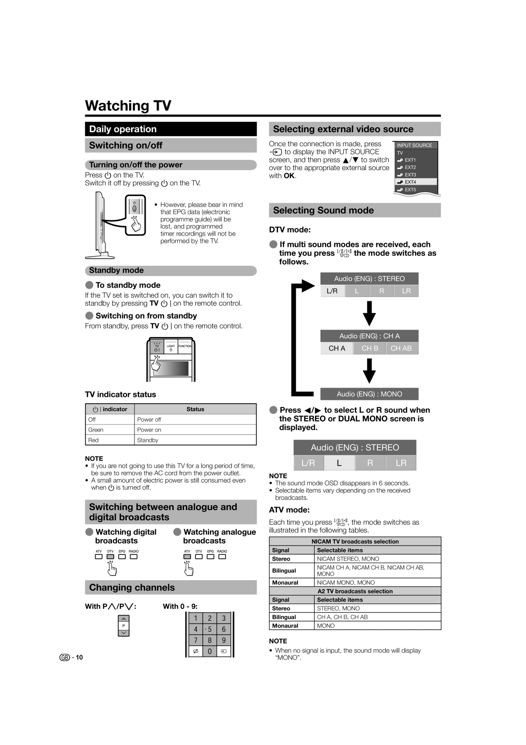 Sharp LC-46XL2S, LC-42XL2S, LC-46XL2E, LC-42XL2E, LC-52XL2S, LC-52XL2E operation manual Watching TV, Daily operation 