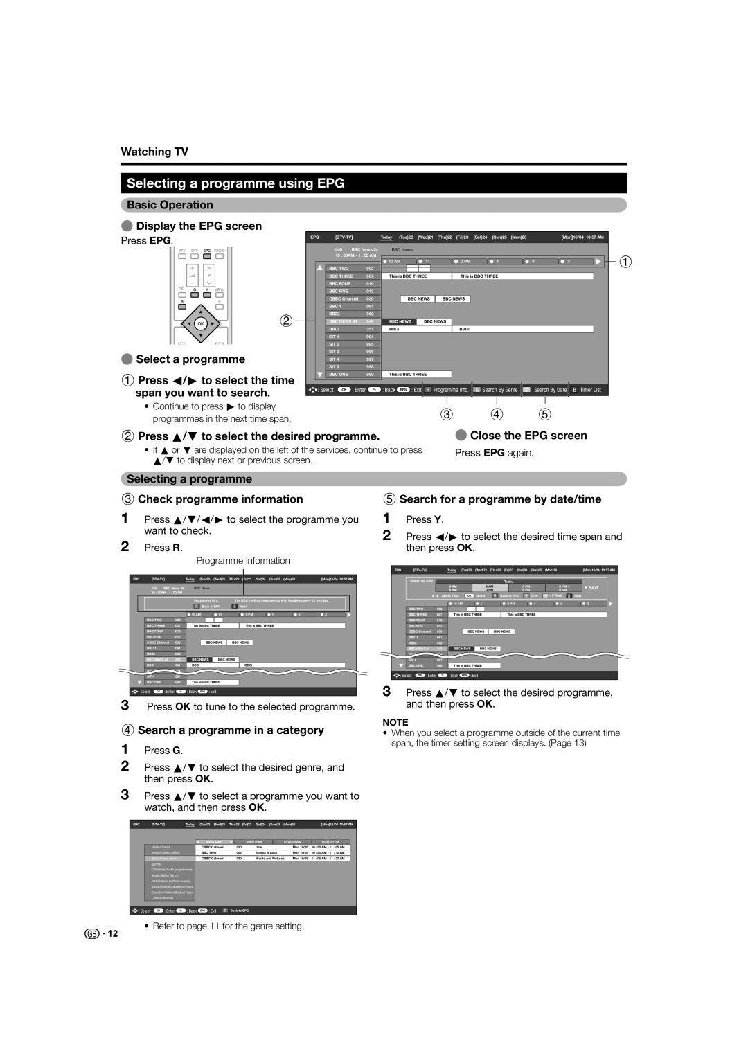 Sharp LC-46XL2E Selecting a programme using EPG, Basic Operation EDisplay the EPG screen, Search a programme in a category 