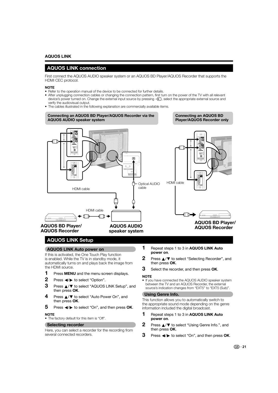 Sharp LC-52XL2E Aquos Link connection, Aquos Link Setup, Aquos Link Auto power on, Selecting recorder, Using Genre Info 