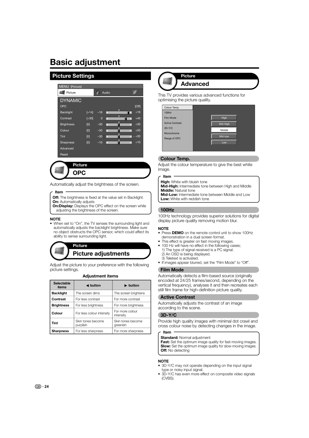 Sharp LC-46XL2E, LC-46XL2S, LC-42XL2S, LC-42XL2E, LC-52XL2S Basic adjustment, Picture adjustments, Advanced, Picture Settings 