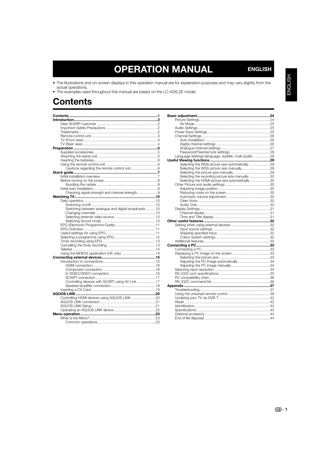 Sharp LC-42XL2E, LC-46XL2S, LC-42XL2S, LC-46XL2E, LC-52XL2S, LC-52XL2E operation manual Contents 