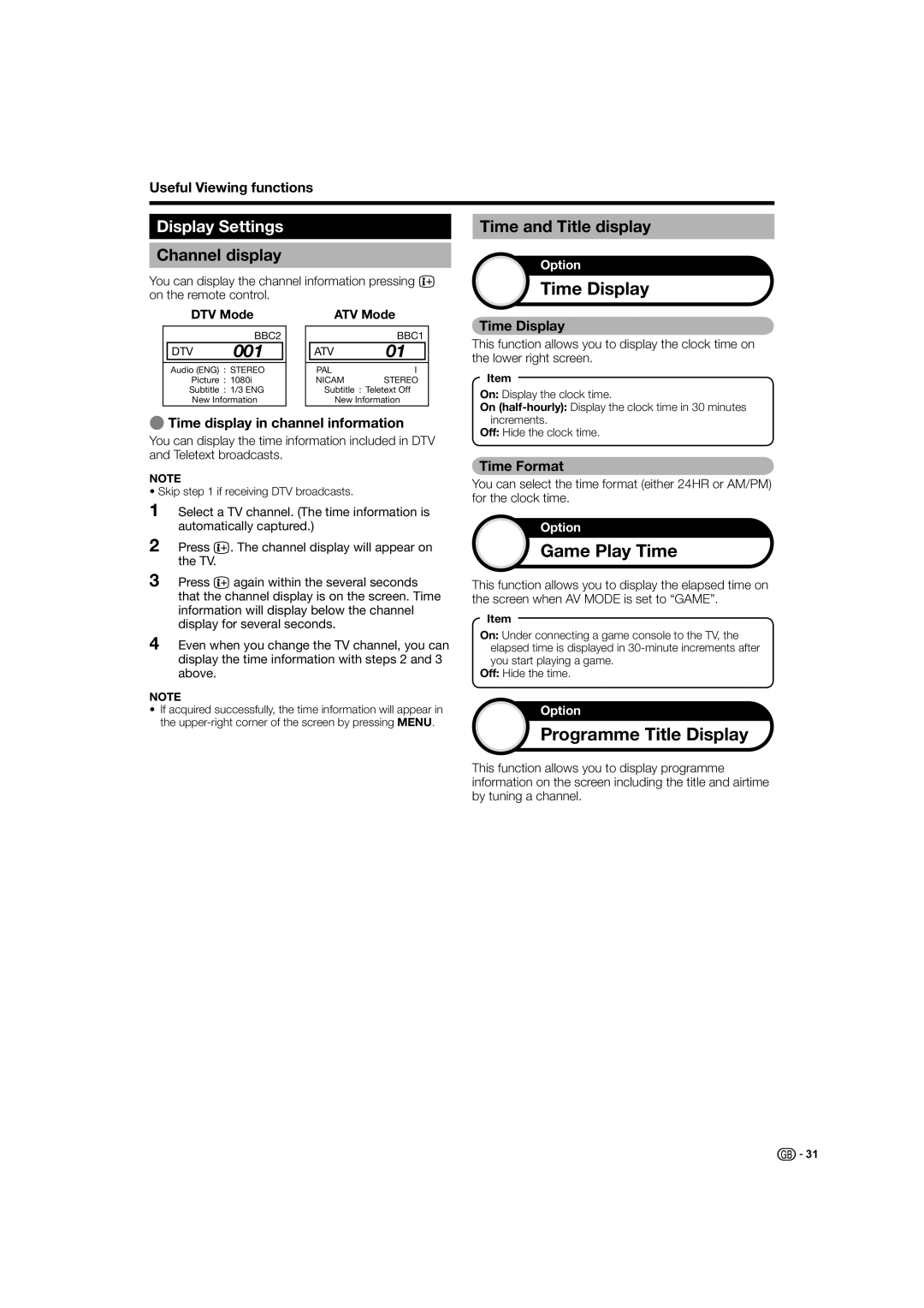 Sharp LC-42XL2E, LC-46XL2S, LC-42XL2S, LC-46XL2E Time Display, Game Play Time, Programme Title Display, Display Settings 