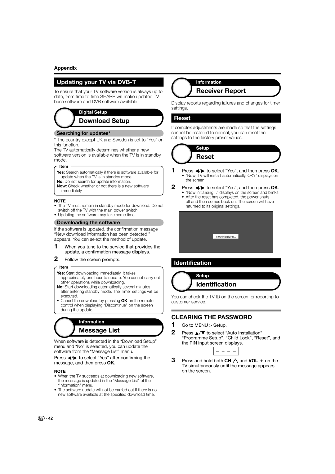 Sharp LC-46XL2E, LC-46XL2S, LC-42XL2S, LC-42XL2E Download Setup, Message List, Receiver Report, Reset, Identification 