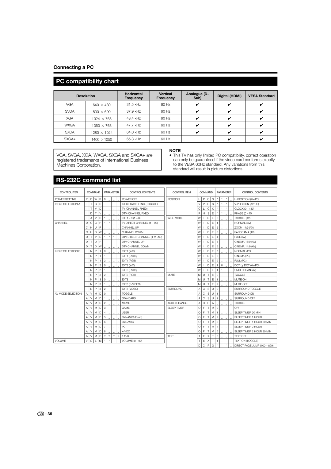 Sharp LC-46XL2E, LC-46XL2S, LC-42XL2S, LC-42XL2E PC compatibility chart, RS-232C command list, Connecting a PC, Frequency 