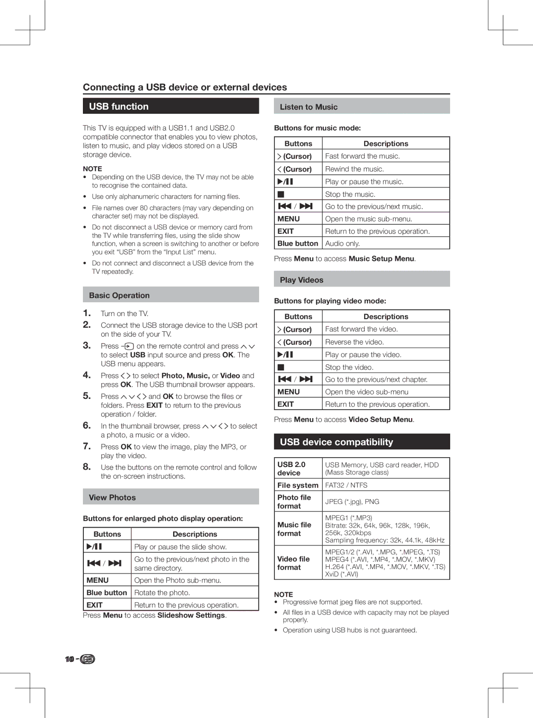 Sharp LC-50LD266K, LC-42LD266K, LC-46LD266K, LC-32LD166K operation manual USB function, USB device compatibility 