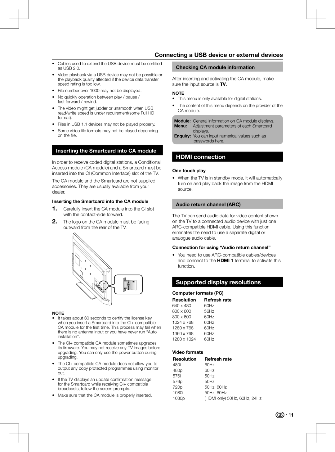 Sharp LC-42LD266K Hdmi connection, Supported display resolutions, Checking CA module information, Audio return channel ARC 