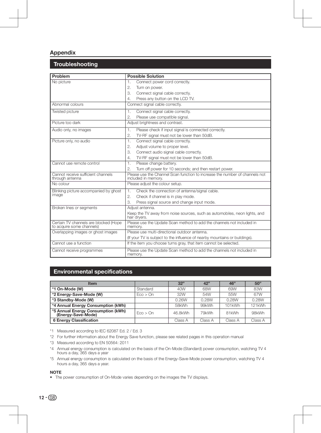 Sharp LC-46LD266K, LC-50LD266K, LC-42LD266K, LC-32LD166K operation manual Troubleshooting, Environmental specifications 