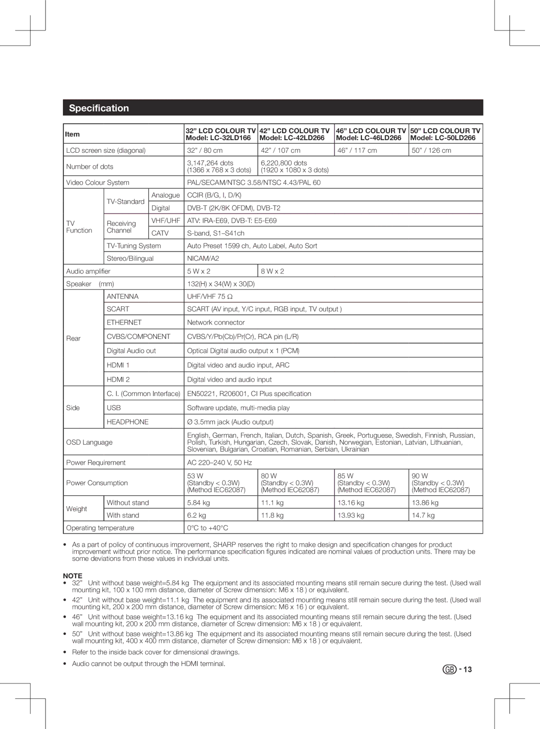 Sharp LC-32LD166K, LC-50LD266K, LC-42LD266K, LC-46LD266K operation manual Specification 