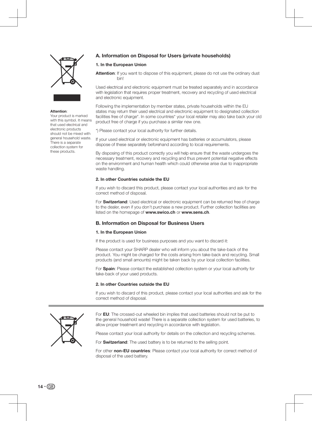 Sharp LC-50LD266K, LC-42LD266K, LC-46LD266K, LC-32LD166K operation manual European Union, Other Countries outside the EU 