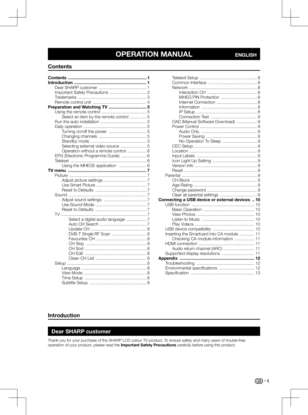 Sharp LC-32LD166K, LC-50LD266K, LC-42LD266K, LC-46LD266K operation manual Contents, Dear Sharp customer 