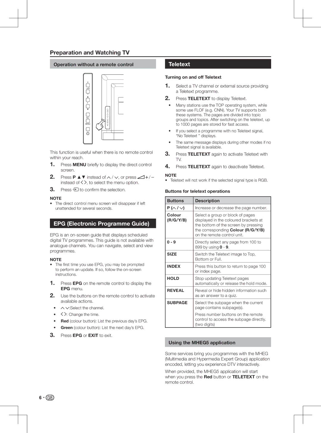 Sharp LC-50LD266K, LC-42LD266K, LC-46LD266K Teletext, EPG Electronic Programme Guide, Operation without a remote control 