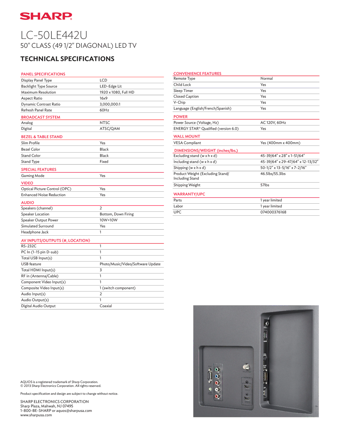 Sharp LC-50LE442U manual Panel Specifications, Broadcast System, Bezel & Table Stand, Special Features, Video, Audio, Power 