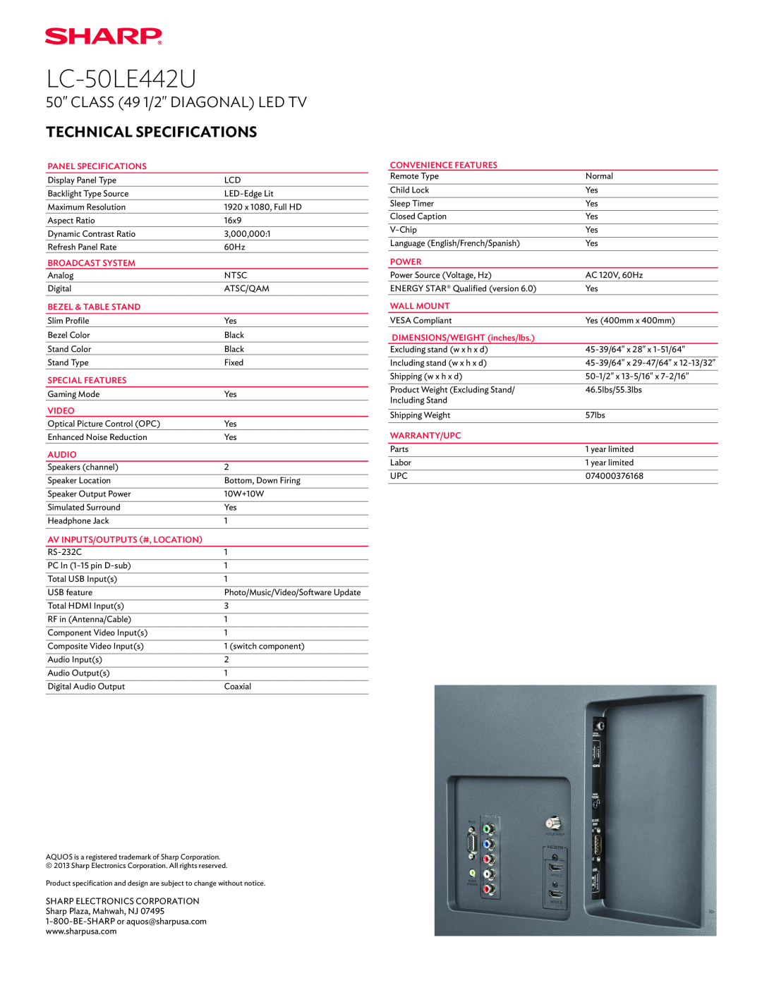Sharp LC-50LE442U manual CLASS 49 1/2 DIAGONAL LED TV, Technical Specifications 