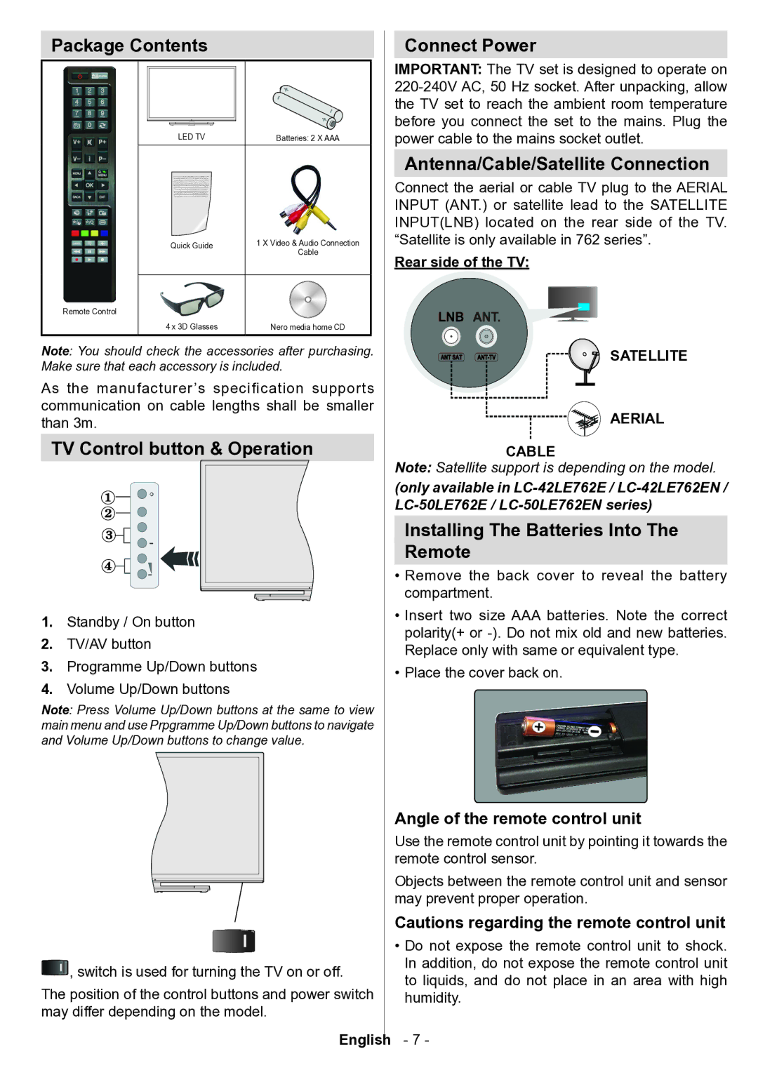 Sharp LC-42LE760E manual Package Contents, TV Control button & Operation, Connect Power, Antenna/Cable/Satellite Connection 