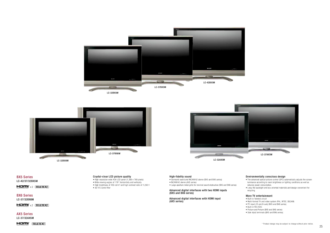 Sharp LC-52A83M LC-42/37/32BX5M, LC-37/32BX6M, BX5 and BX6 series, Advanced digital interfaces with Hdmi input, AX5 series 