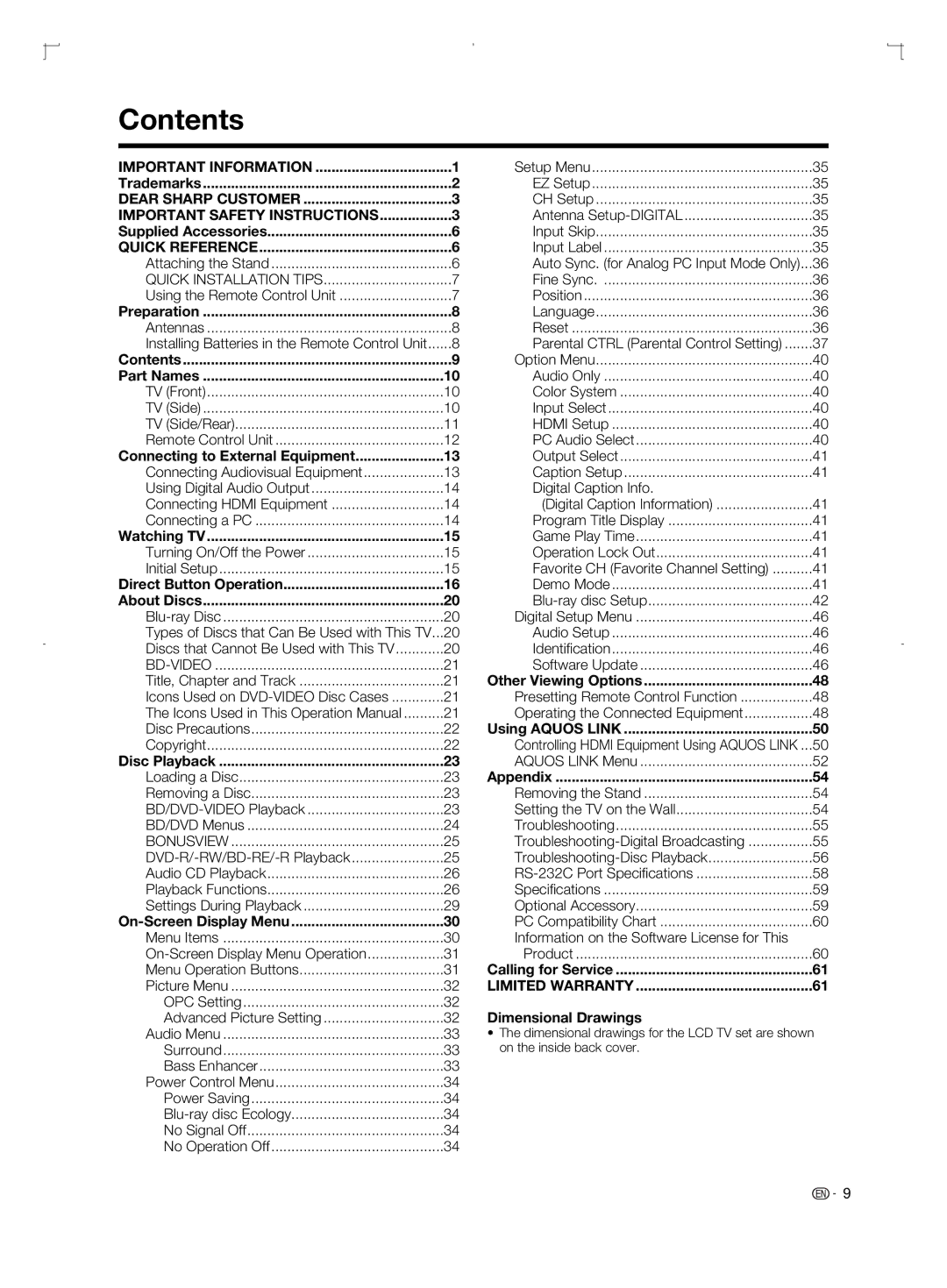 Sharp LC-46BD80U, LC-52BD80U, LC-42BD80U operation manual Contents 