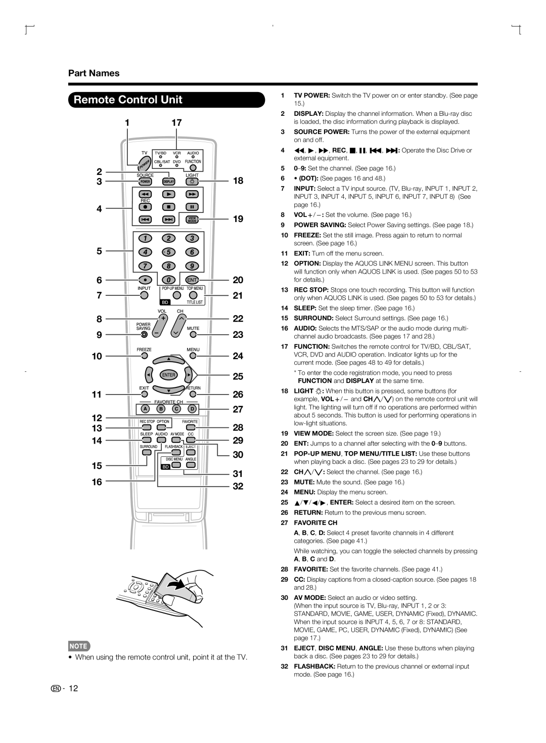 Sharp LC-46BD80U, LC-52BD80U, LC-42BD80U Remote Control Unit, When using the remote control unit, point it at the TV 