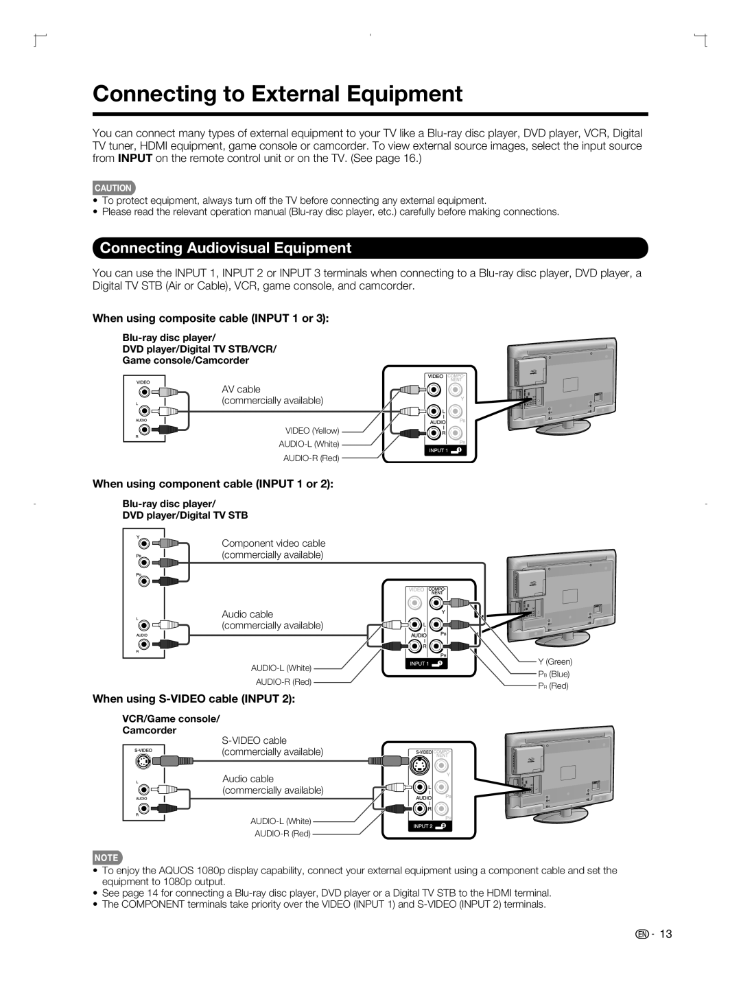 Sharp LC-52BD80U Connecting to External Equipment, Connecting Audiovisual Equipment, When using composite cable Input 1 or 