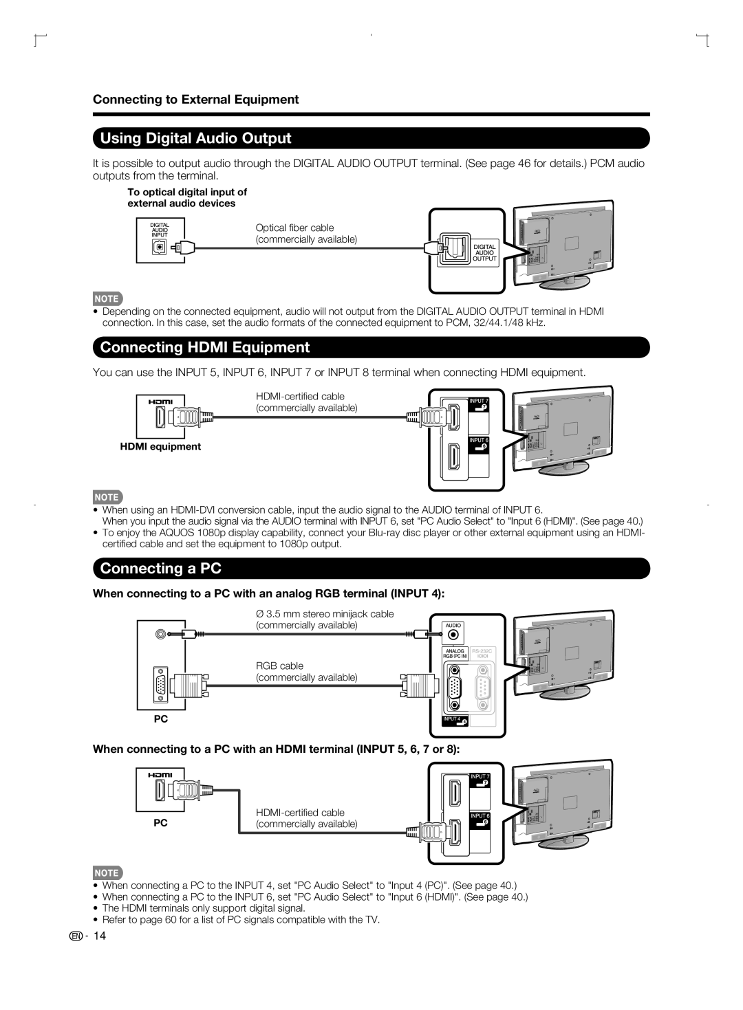 Sharp LC-42BD80U Using Digital Audio Output, Connecting Hdmi Equipment, Connecting a PC, Connecting to External Equipment 