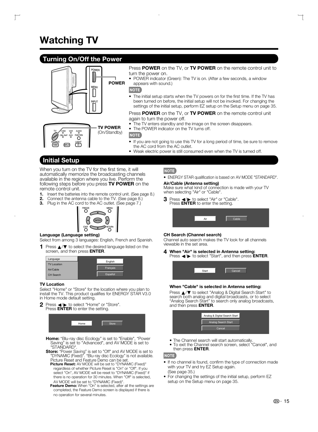 Sharp LC-46BD80U, LC-52BD80U, LC-42BD80U operation manual Watching TV, Turning On/Off the Power, Initial Setup 