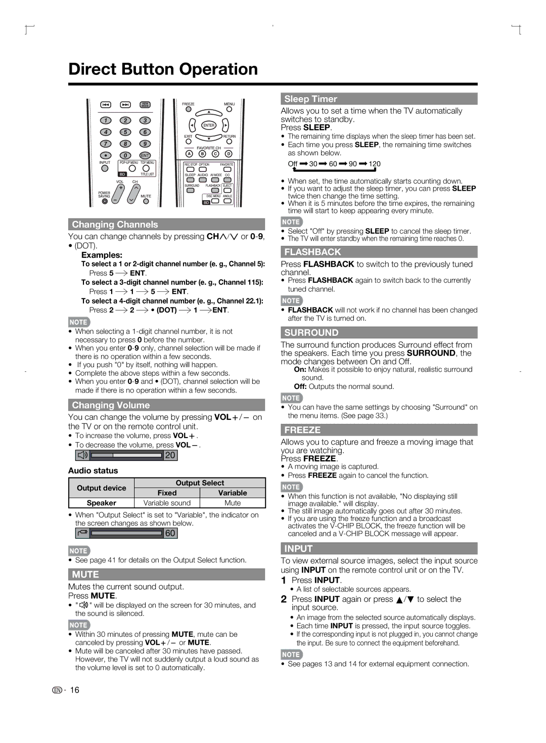 Sharp LC-52BD80U, LC-42BD80U, LC-46BD80U Direct Button Operation, Changing Channels, Changing Volume, Sleep Timer 